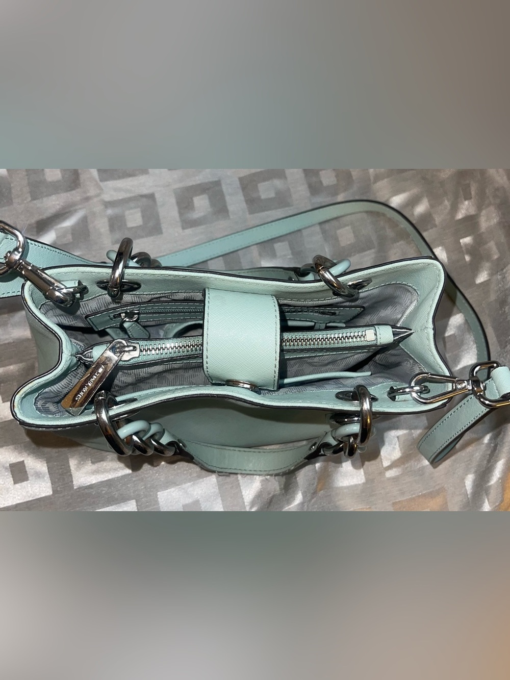 Michael Kors Cynthia Saffiano Leather Satchel with Chain Handles - Celadon - Picture 8 of 15